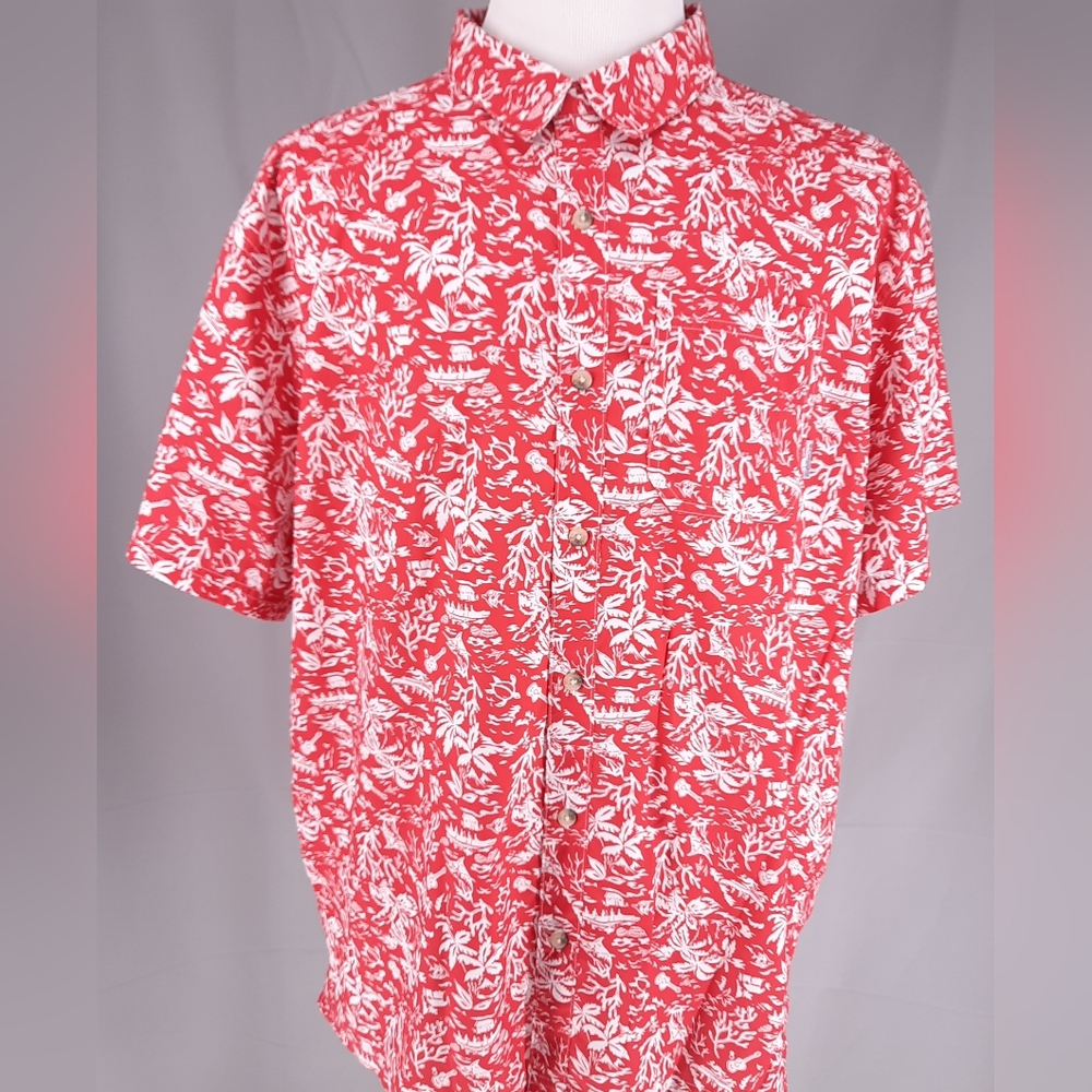 Columbia PFG Red Fishing Hawaiian Camp Shirt Men's Size 2XL Short Sleeve Palms